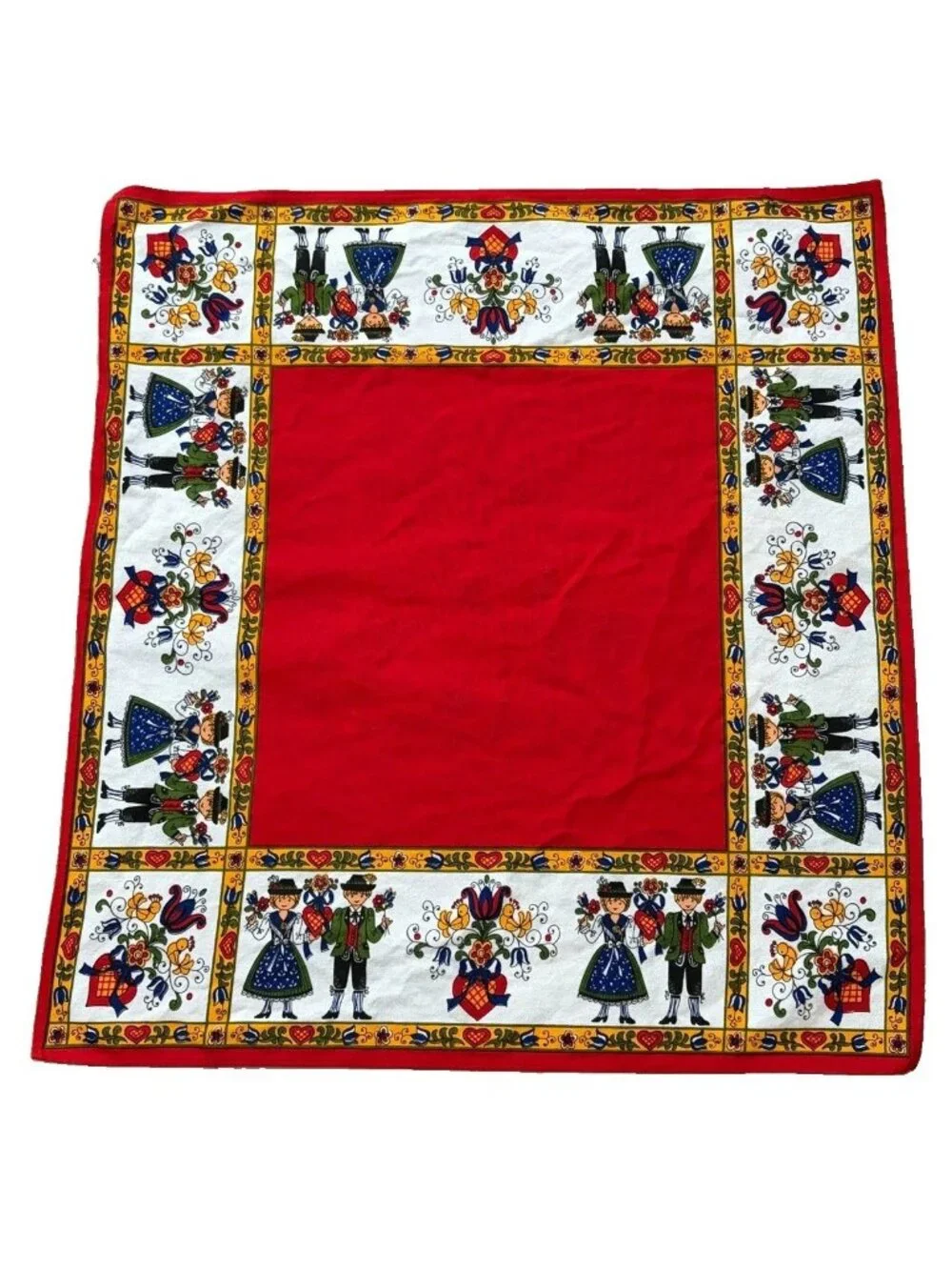 1960's Kolf Austria Folk Art Red White Cotton Tablecloth 26” By 29” EUC